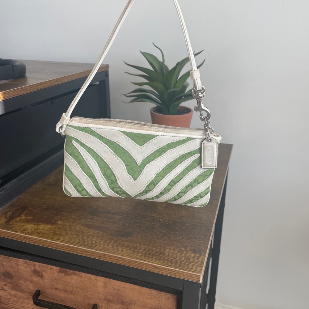 Coach Y2K Signature Green and Ivory Zebra Wristlet